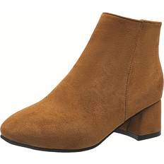 Women Ankle Boots Temu Solid Color Block Heeled Ankle Boots - Color