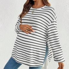Grey Maternity & Nursing Wear Shein Maternity Striped Round Neck Drop Shoulder