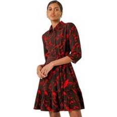 Red - Shirt Dresses Roman Abstract Print Tie Waist Shirt Dress - Red