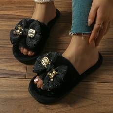 Black Slippers Temu Plush Fuzzy Slip-On Slippers With Cute Bow Golden Accents - Black/Pink/Beige
