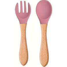 2pcs Silicone Feeding Set With Wooden Handle
