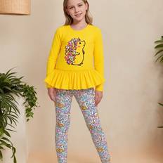 Girls - Yellow Other Sets Temu Adorable Girls Floral Hedgehog Print Outfit Yellow Long Sleeve Top - Yellow