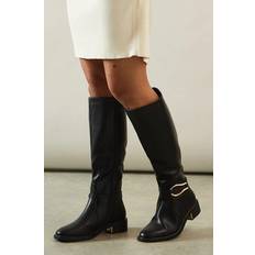Womens Knee High Boots Faux Leather Flat Heel - Black