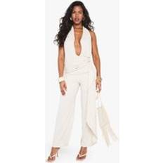 Beige - Women Jumpsuits & Overalls boohoo Womens Linen Look Drape Cowl Wrap Jumpsuit - Beige