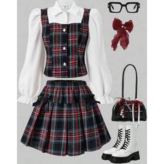 Purple Cardigans Children's Clothing Shein Tween Girls Plaid Collared Puff Sleeve Cardigan Top - Academic