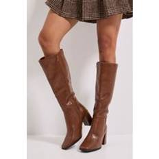 Faux Leather Square Toe High Heel Knee Boots - Dark Tan