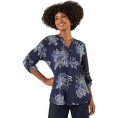 Florals - Women Shirts Roman Floral Puff Print Stretch Shirt - Blue