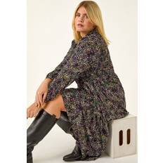 Midi Dresses - Stretch Roman Curve Abstract Print Shirred Midi Dress - Purple