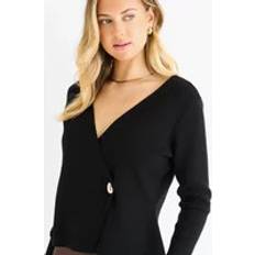 Women Cardigans Button Wrap Compact Knit Wrap Cardigan - Black