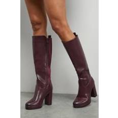 Platform - Women High Boots Faith Keira Faux Leather Platform High Block Heel Knee Boots - Burgundy