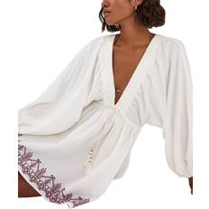 Purple Swimsuit Cover-Ups & Sarong Wraps Accessorize Cotton Embroidered Beach Cover Up Mini Dress - Cream/Purple