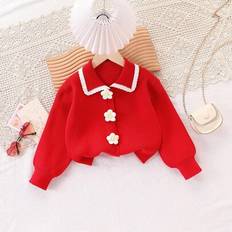 Girls - Red Cardigans Shein Autumn Winter Fashion Collar Hand-Crocheted Knit Sweater