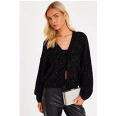Clothing Quiz Sequin Tie Front Cardigan - Black