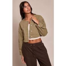 PrettyLittleThing Collarless Cropped Denim Jacket - Green