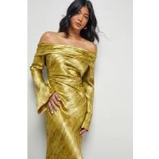 Gold - Midi Dresses Warehouse Shimmer Satin Foldover Bardot Bias Midi Dress - Metallic