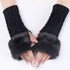 Shein Fingerless Short Knitted Gloves With Faux Fur Cuffs - Black