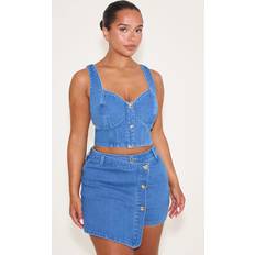 Stretch Corsets PrettyLittleThing Shape Dark Blue Stretch Denim Gold Trim Corset Top