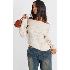 Off-Shoulder Jumpers PrettyLittleThing Petite Cream Off The Shoulder Knit Jumper