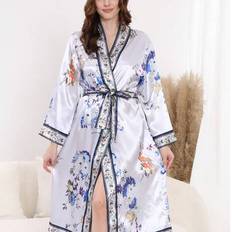 Florals - Women Robes Shein Floral Print Satin Robe Tie Waist Loungewear Bathrobe - Suitable