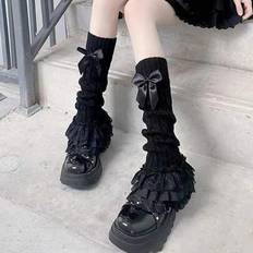 One Size Arm & Leg Warmers Shein Lolita Bow Lace Trim Cable Knit Leg Warmers - White