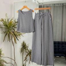 Checkered - Women Suits Shein Rusticease Stylish Sleeveless Camisole Long Plaid Pants Set