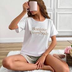 Beige Pyjamas Shein Quick Fashionhub Cotton Line Print Short Set