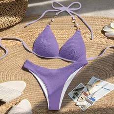 Purple Bikini Sets Shein Solid Color Chain Decor Halter Split Bikini Set