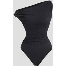 Polyester Bodysuits Shein Sweetra American Minimalist Asymmetric Shoulder Knit Texture Metal Buckle Bodysuit For Women