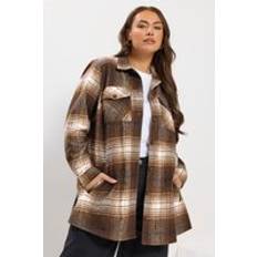Checkered - Women Outerwear Yours Curve Chocolate Brown Check Shacket - Women's