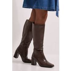 Womens Wide Fit Kristen Faux Leather Square Toe High Heel Knee Boots - Brown
