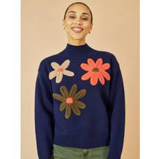 Jumpers Yumi Navy Knitted High Neck Jumper With Applique Flowers - Navy