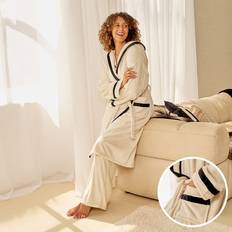 Beige Robes OHS Flannel Fleece Piped Edge Dressing Gown - Cream/Black