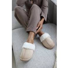 Where's That From Xandra Suede Mule Slippers Cosy Faux Fur Trim - Cream