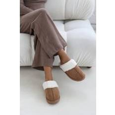 Where's That From Xandra Suede Mule Slippers Cosy Faux Fur Trim - Camel