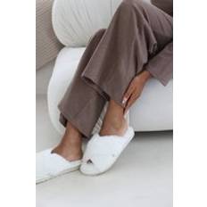 White Slippers Where's That From Denise Faux Fur Fluffy Crossover Slippers - White