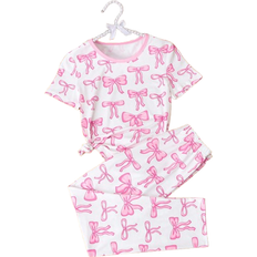 Shein Girls Cute Bow & Heart Printed Contrast Color Round Neck Sleepwear