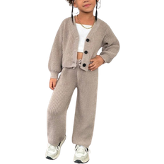 Shein Shein Young Girl Plain Cardigan Knitted Pants Set Slayr Khaki