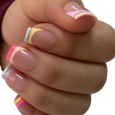 Shein Upgrade Your Look With 24pcs Short Square Neon Lovely French Style Full Cover Fake Nail Kit Press On Nails Nail Supplies 24-pack