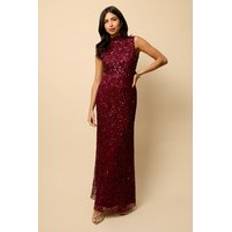 Women's Red High Neck Open Back Embellished Maxi Dress - Red