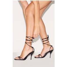 Snörning Sandaletter PrettyLittleThing Wide Fit Black PU Square Toe Lace Up High Stiletto Heeled Sandals