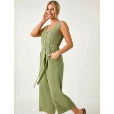 Roman Women's Petite Button Front Jumpsuit - Dark Green
