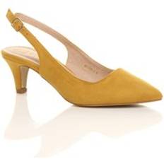 Women - Yellow Heels & Pumps Mid Slim Heel Slingback Pointed Faux Suede Court Shoes - Mustard