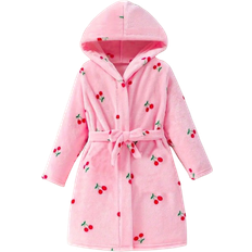 Dressing Gowns Children's Clothing on sale Shein 1pc Girls Lovely Sweet Elegant Casual Simple Fashionable Comfy Cherry Print Hooded Fleece Bathrobe