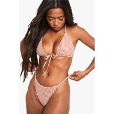 Checkered - Women Swimwear boohoo Seersucker Gingham Tanga Bikini Brief - Brown