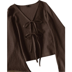 Shein LUNE Women's Casual Solid Color V-Neck Flare Sleeve Twist Front Blouse