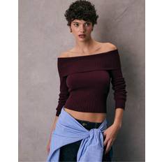 Knitted Sweaters - Off-Shoulder Jumpers Stradivarius Exposed Shoulder Knit Aubergine XS