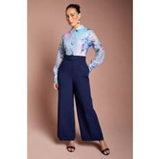 Natural Jumpsuits & Overalls Coast Printed Collared Wide Leg Belted Jumpsuit - Navy