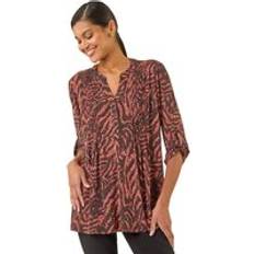 Polyester - Women Shirts Roman Animal Print Pintuck Stretch Shirt - Rust