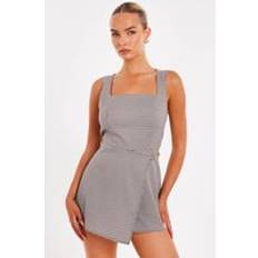 Brown - Women Jumpsuits & Overalls Quiz Women's Brown Checked Square Neck Playsuit - Brown