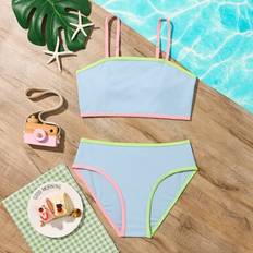 Blue Bikinis Children's Clothing Shein Teen Girls Contrast Binding Bikini Set